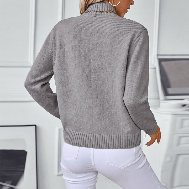 Fashionable knitted sweater for women with high collar and V design Lune London