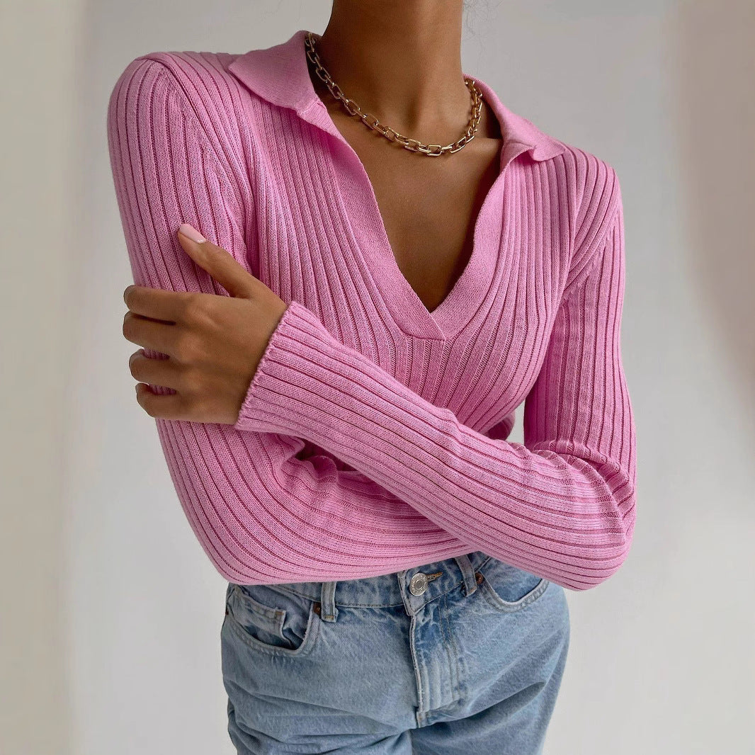 Ladies Elegant Ribbed Sweater with Deep V Neck Lune London