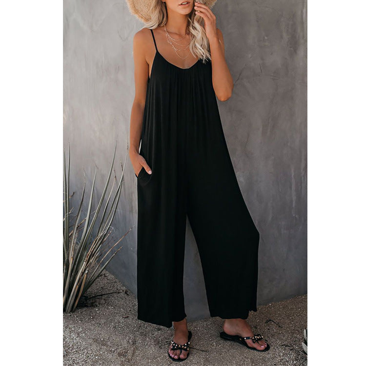 Casual summer jumpsuit for women with plunging neckline and practical pockets Lune London