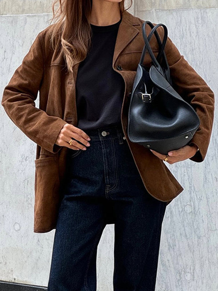 Long suede coat for women with adjustable belt and trendy collar Lune London