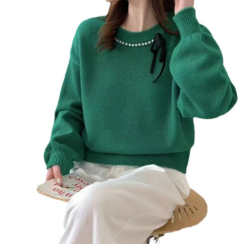 Ladies' fashion sweater with decorative band and pearl details Lune London