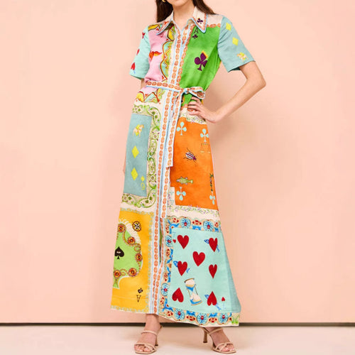 Maxi dress women in patchwork with colorful patterns and a belt at the waist Chic & Stil