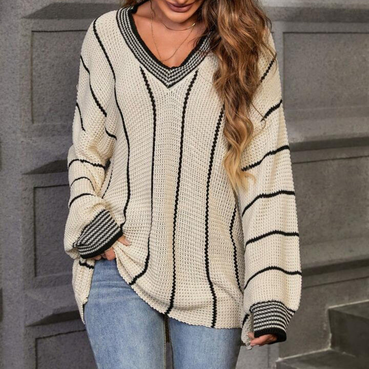 Thick knitted sweater for women with an elegant V-neck and a trendy striped pattern Lune London