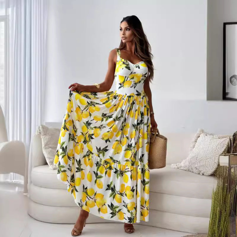 Chic and stylish maxi dress with high slit lemon print for women