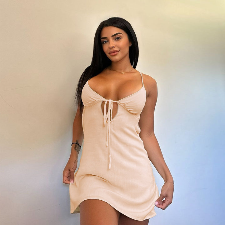 Women's Short Wrap Dress with Sophisticated Neckline and Adjustable Spaghetti Straps