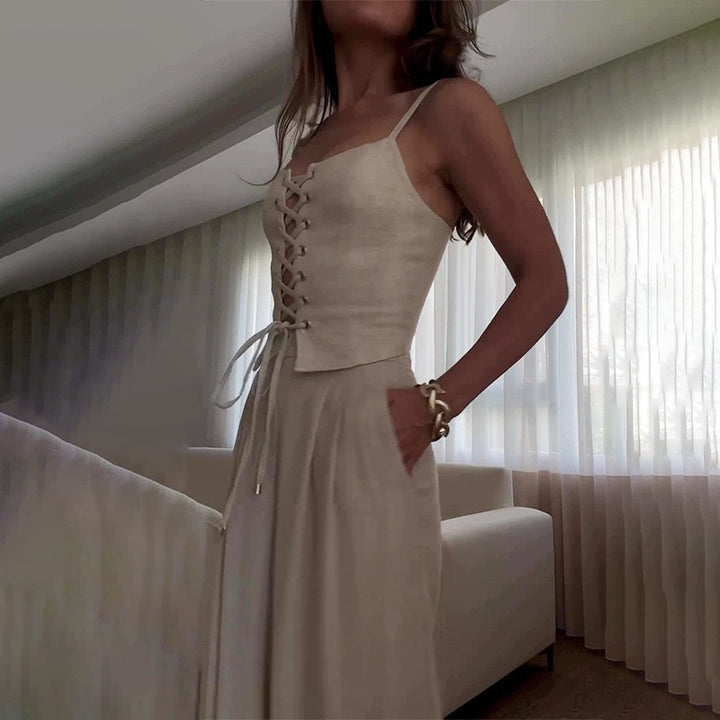 Ladies elegant jumpsuit with laces and wide leg Lune London