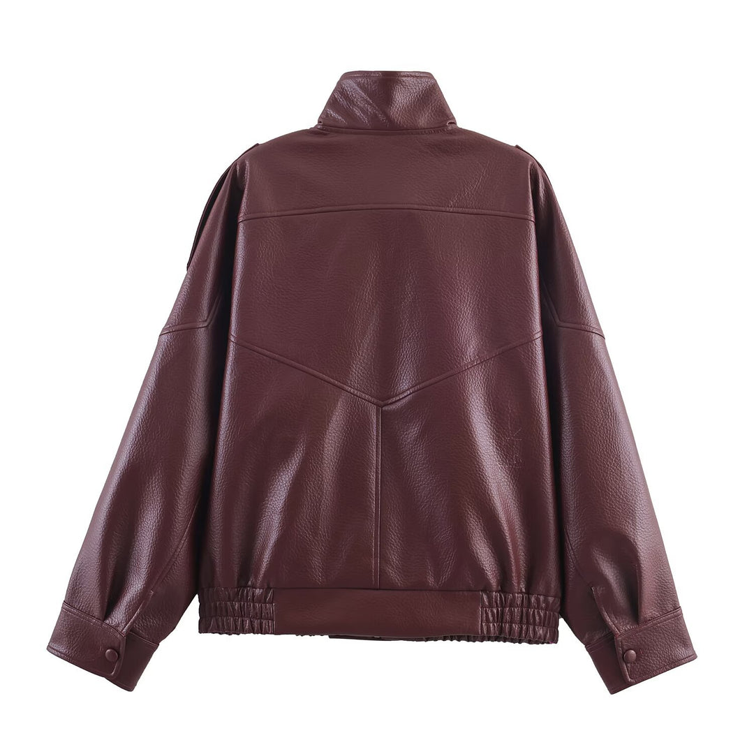 Synthetic leather jacket for women with a modern design featuring a high collar and practical pockets Lune London