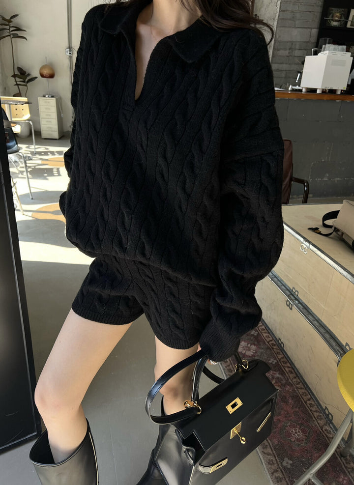 Knit sweater for women with trendy cable pattern and deep V-neck Lune London