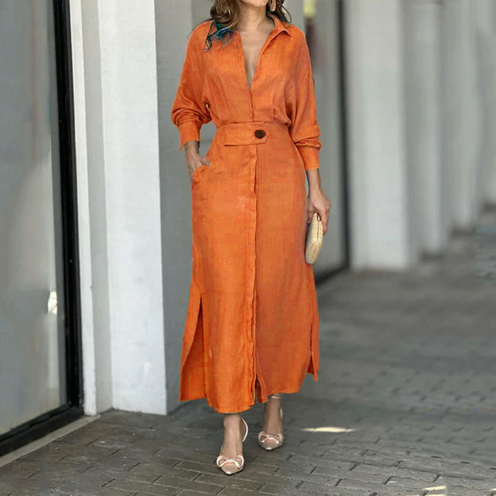 Light linen maxi dress for women with elegant button placket and practical side slits Lune London