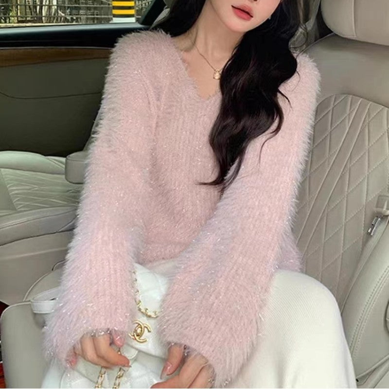 Pull V-neck pour femmes en tricot douillet avec fil à paillettes Chic & Stil