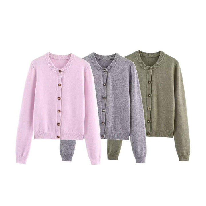 Round neck knitted jacket with button details for ladies Lune London