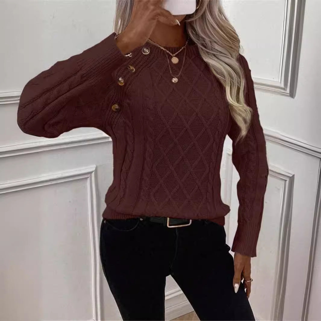 Knitted sweater for women with a textured diamond pattern and decorative buttons Lune London