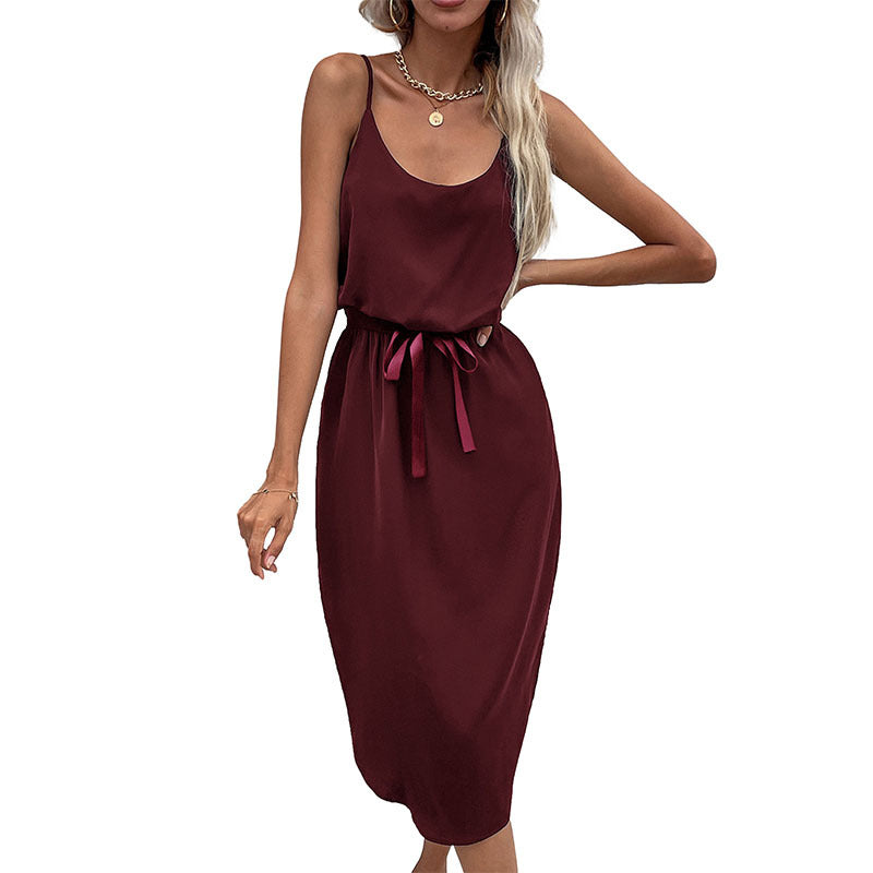 Mid-length dress with adjustable spaghetti straps for women with tied belt Lune London