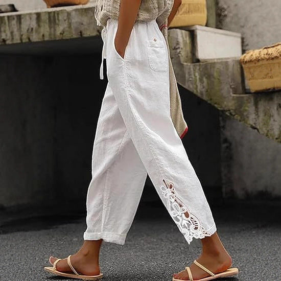Airy linen trousers for ladies with decorative embroidery Lune London