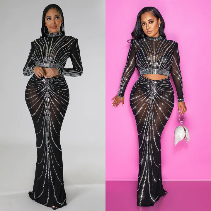 Chic and elegant evening dress for women adorned with crystals