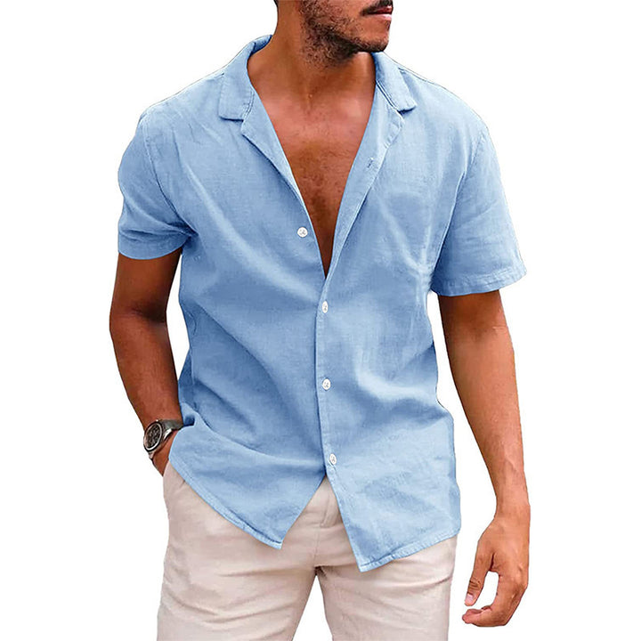 Men's short sleeve shirt in a soft linen blend with a modern Henley neckline Lune London