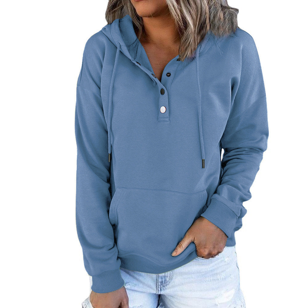Ladies casual hoodie with button placket and kangaroo pocket Lune London