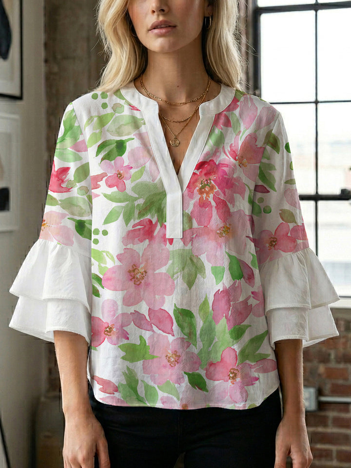 Ladies blouse with voluminous ruffled sleeves and floral print Lune London