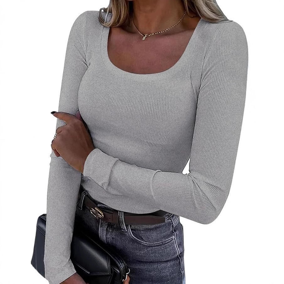 Women’s Long Sleeve Basic Top with Deep Round Neckline and Ribbed Structure Lune London