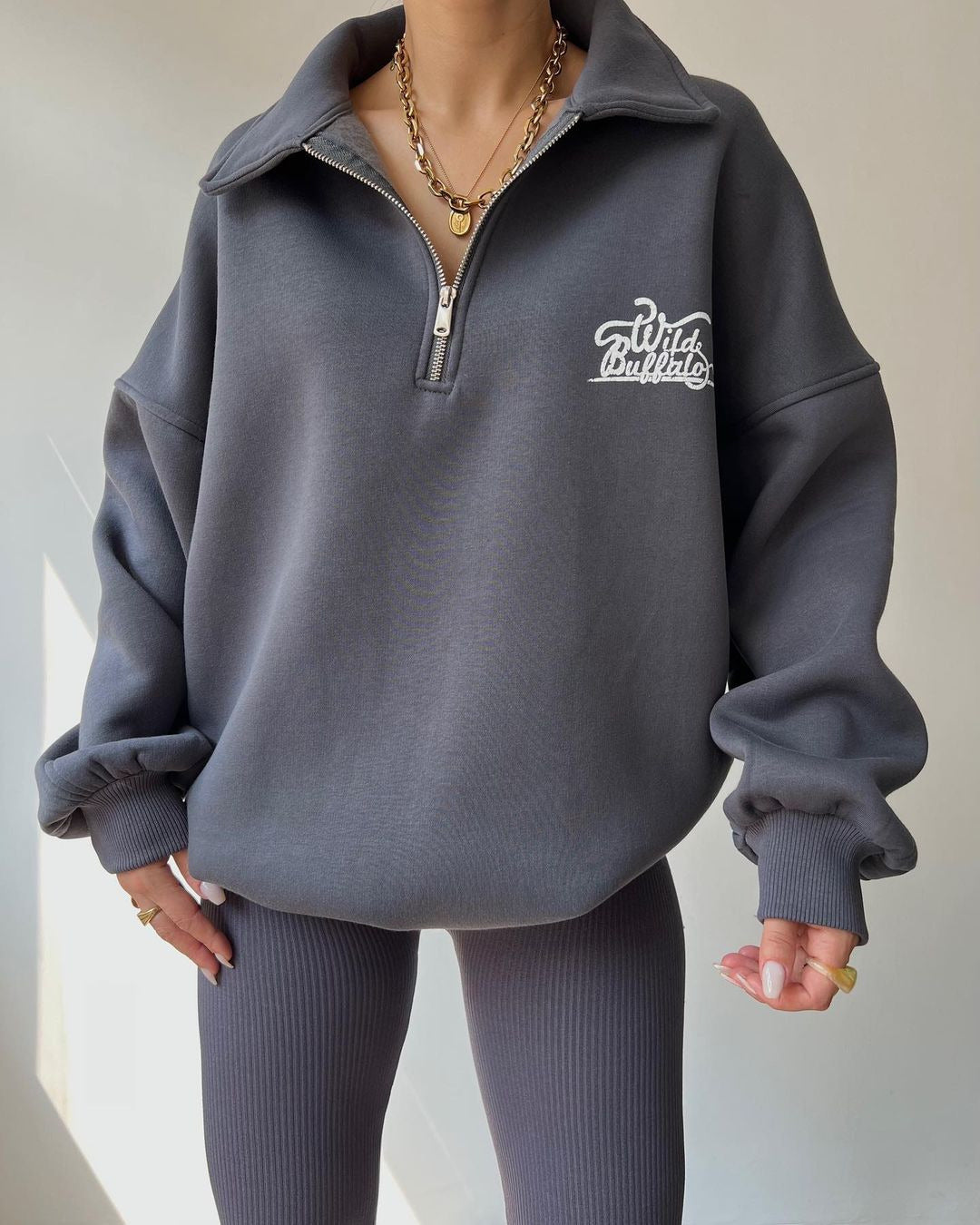Hooded sweatshirt for women with high collar and zipper Lune London