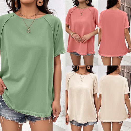 Casual t-shirt for women with fringed sleeves and a round collar Lune London