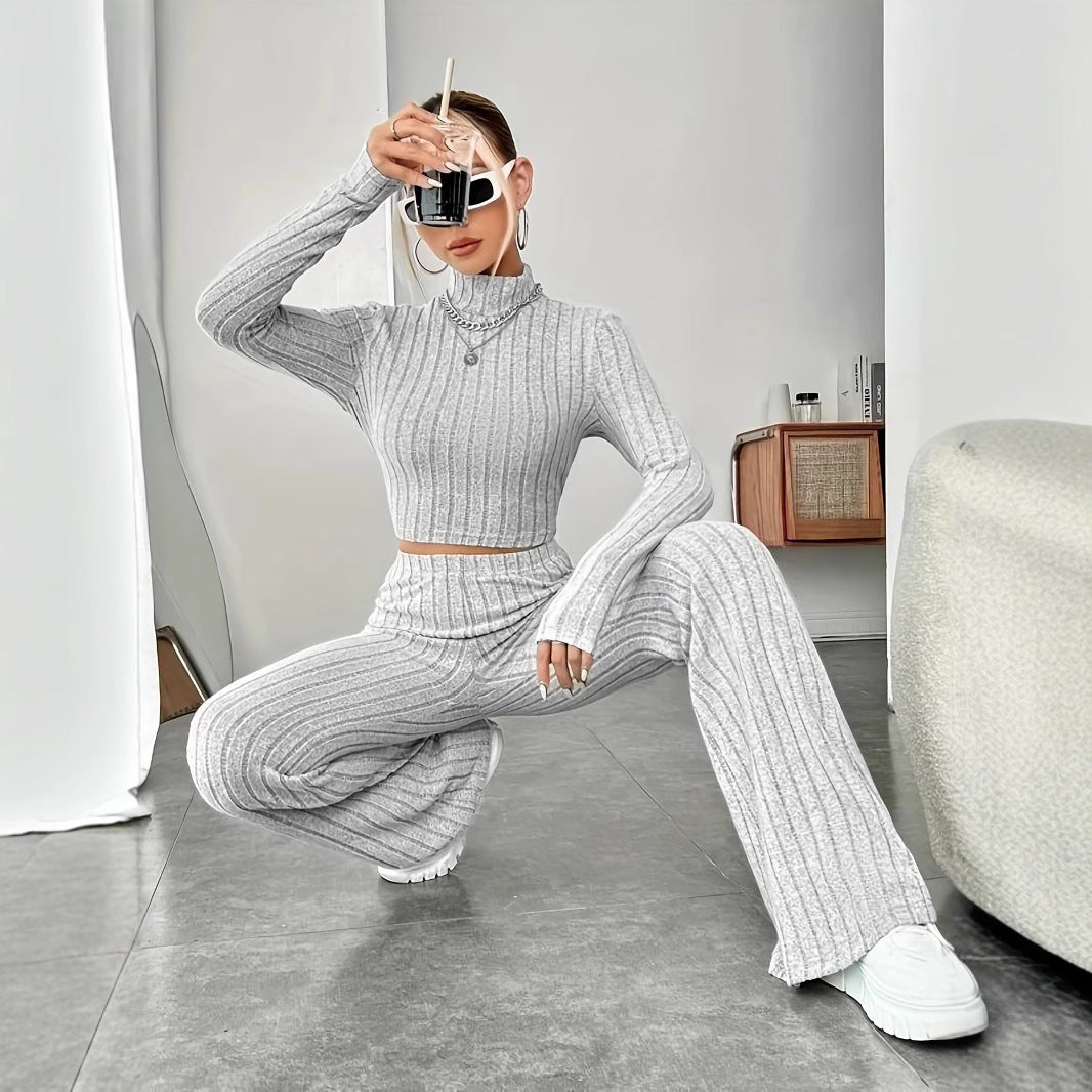 Women Stylish Ribbed Knit Set with 3/4 Sleeves and High Waist Lune London