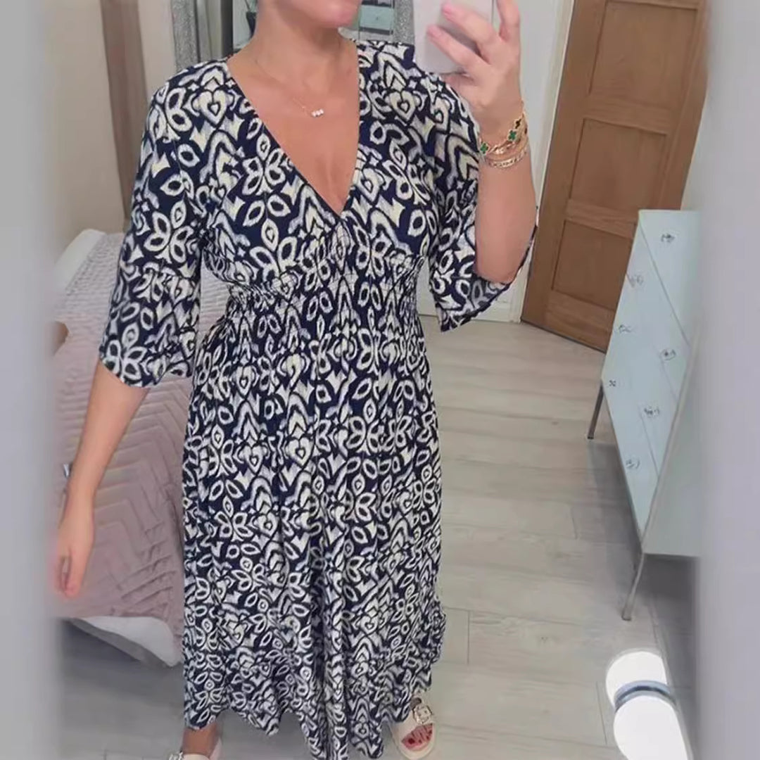Maxi dress for women with V-neck and striking floral pattern Lune London