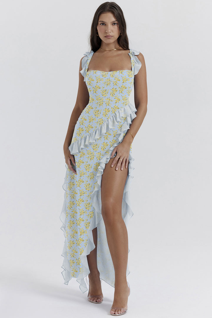Elegant asymmetrical dress for women with ruffle details and floral pattern Chic & Stil