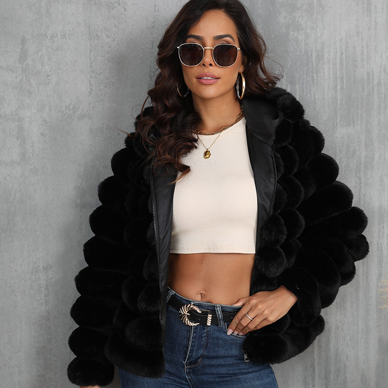 Women's Trendy Hooded Jacket Made Of Faux Fur with Textured Pattern Lune London