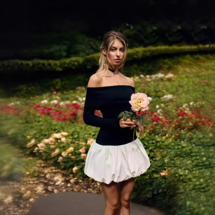 Mini Off-Shoulder Dresses for Women with Long Sleeves and Elegant Chic Ruffled Hem