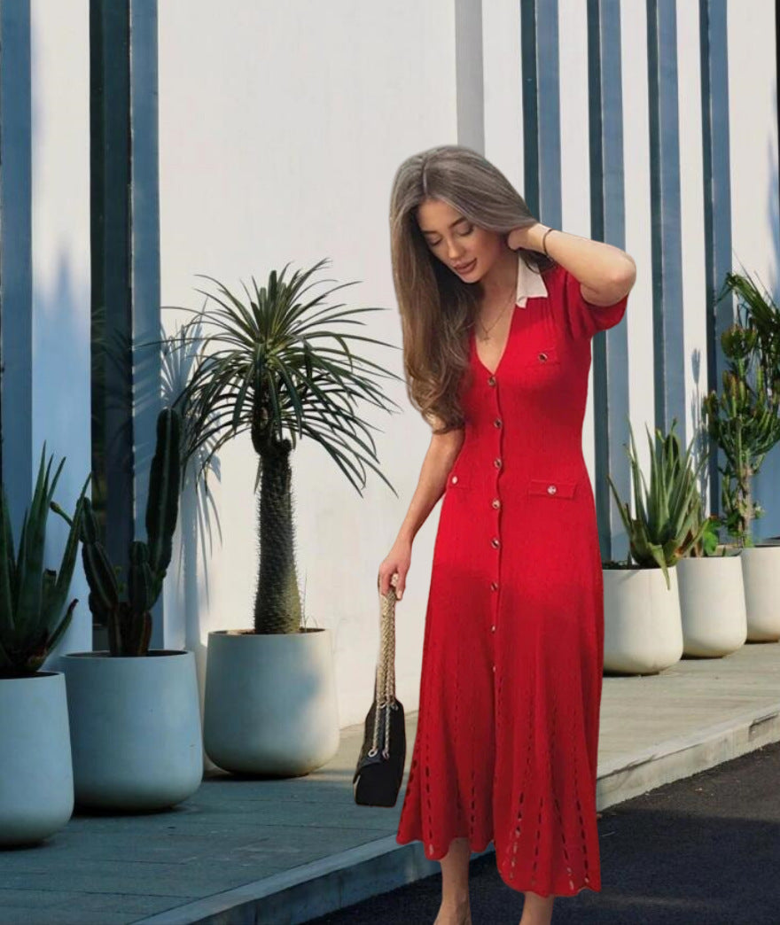Midi dress for women with button placket and contrasting collar Lune London