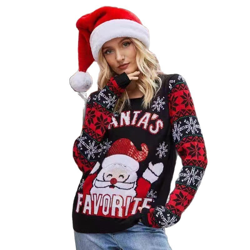 Women's Christmas sweater with festive Santa pattern and chic shiny details