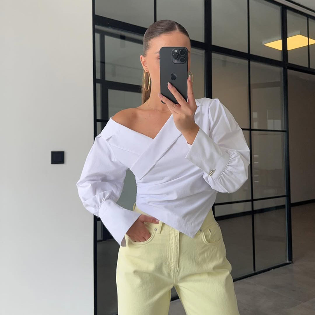 Lune London Elegant wrap blouse for women with asymmetric cut and puff sleeves