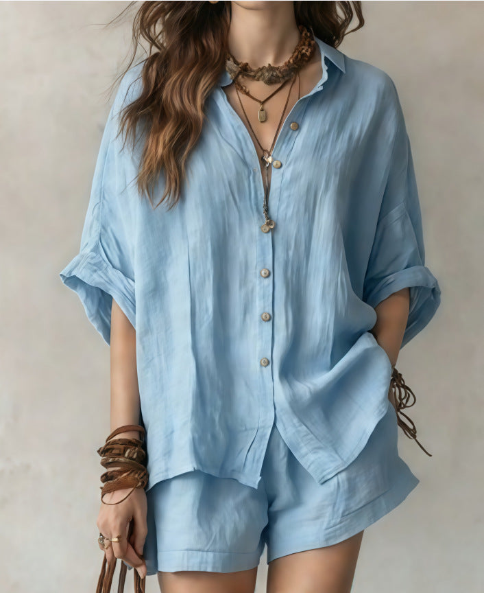 Women Casual Linen Set with Button Placket and Practical Pockets Lune London