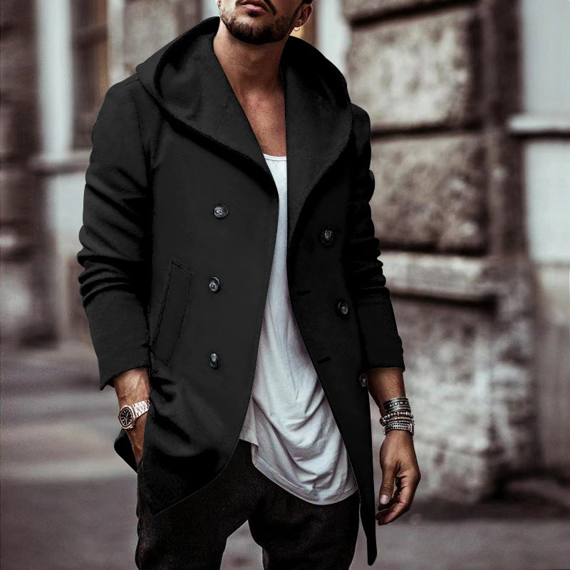 Elegant men's hoodie coat with double row of buttons and wide collar Lune London