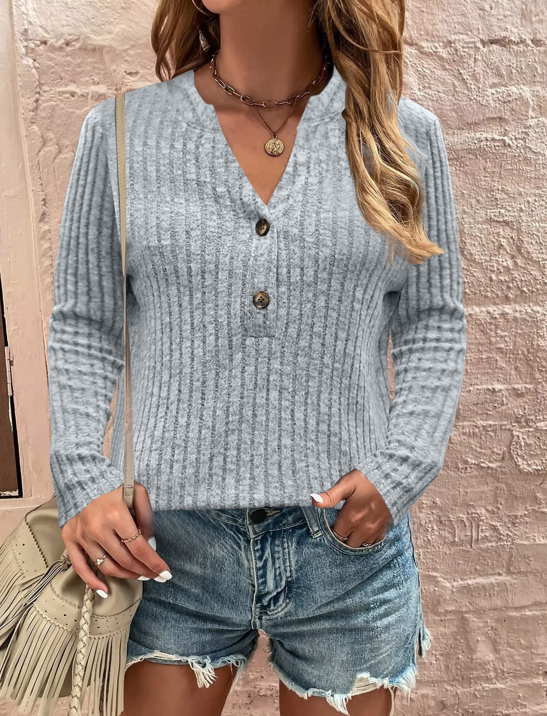 Long sleeve women's t-shirt with ribbed design and button detail Lune London