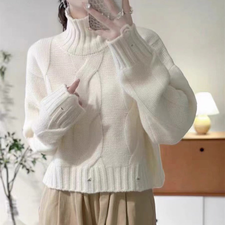 Pull en laine pour femmes avec col haut et motif en cable Chic & Stil