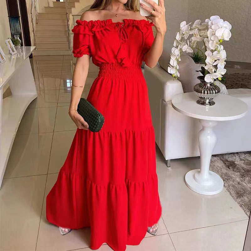 Women’s maxi dress with off-shoulder design and voluminous ruffles Lune London
