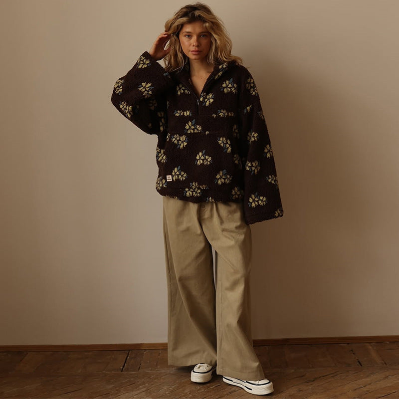 Women Cozy Fleece Jacket with Floral Pattern Lune London