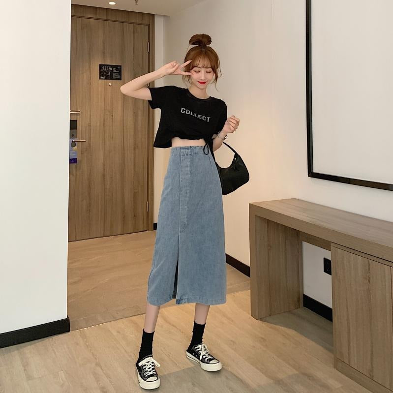 Jupe midi en jean pour femmes avec fente latérale Chic & Stil