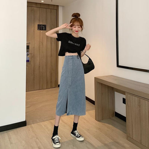 Jupe midi en jean pour femmes avec fente latérale Chic & Stil