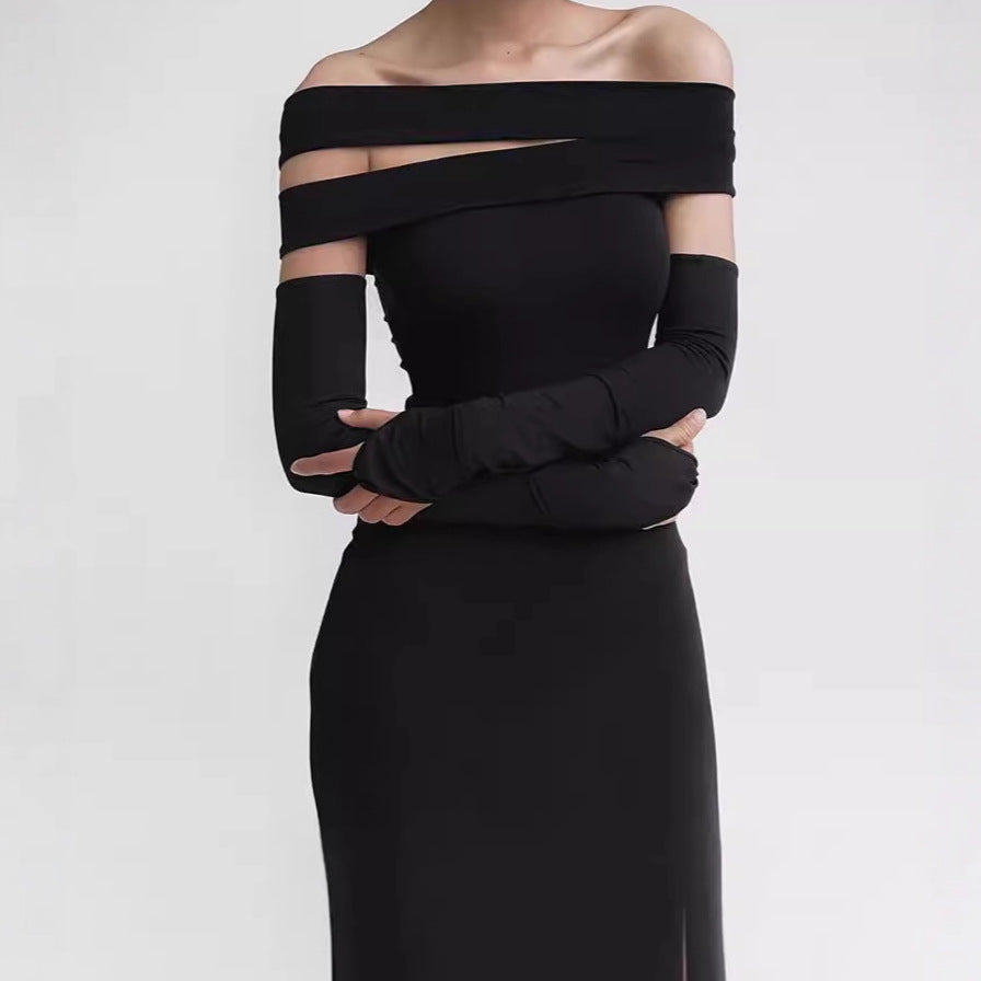 Elegant ladies maxi dress with off-shoulder neckline and long slit Lune London