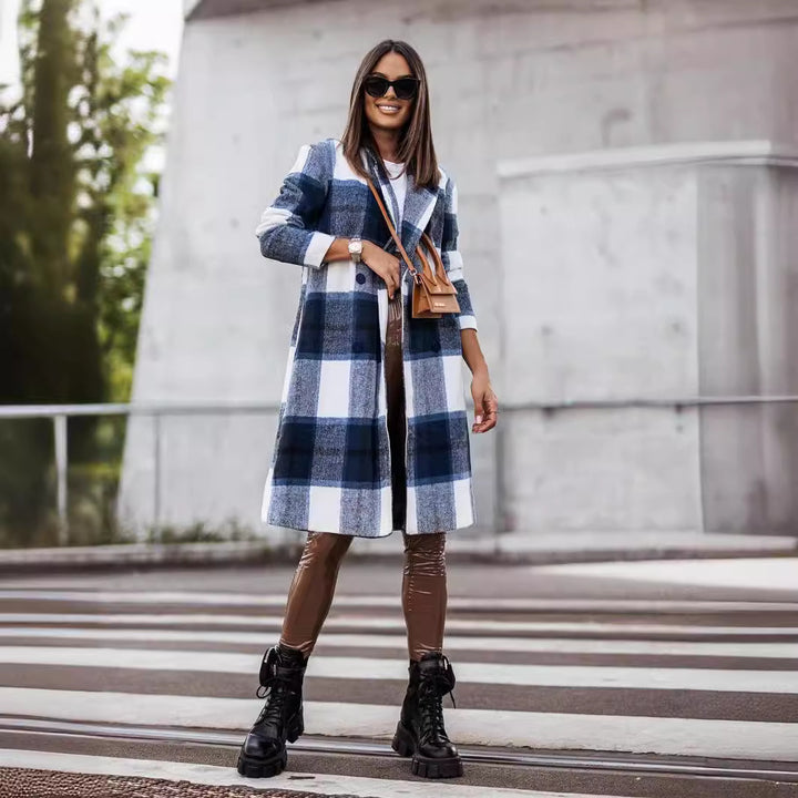 Long wool coat for women with plaid pattern and adjustable belt Lune London