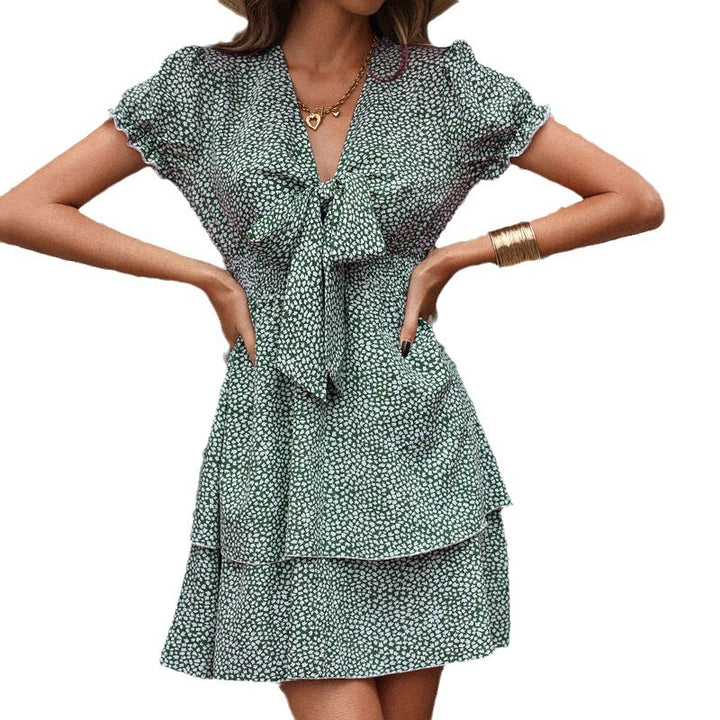 Woman cravat front short dress with ruffles Lune London