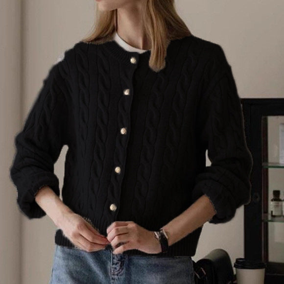 Knitted jacket for women with cable pattern and elegant button details Lune London