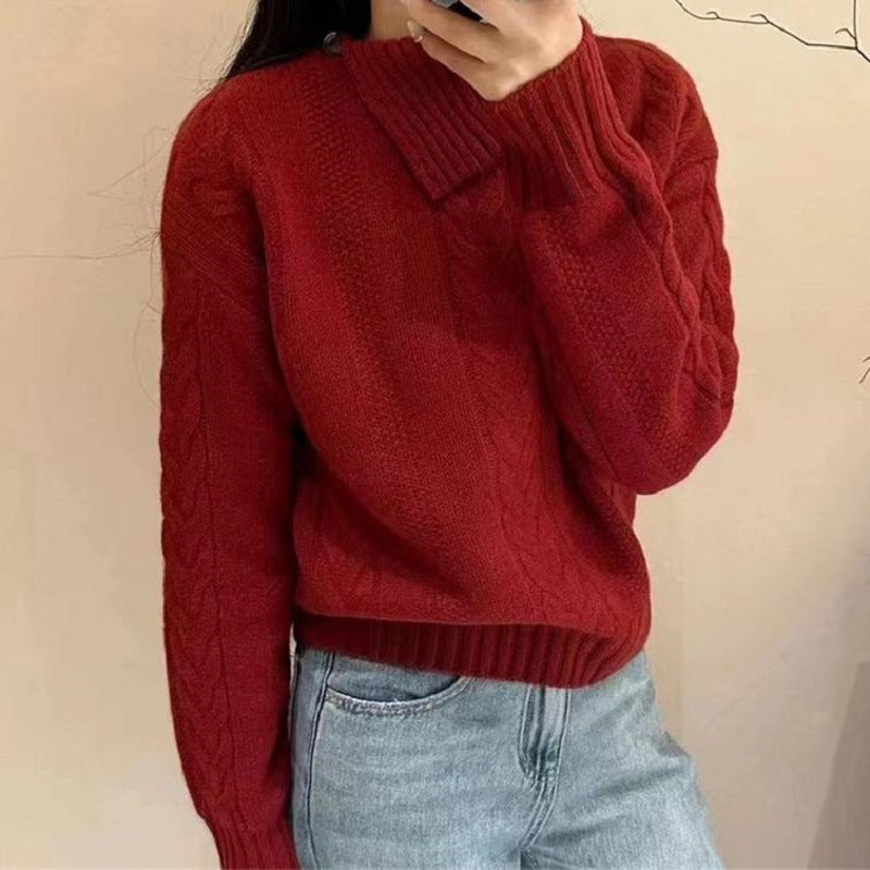 Chunky knit sweater for women with high collar and button details Lune London