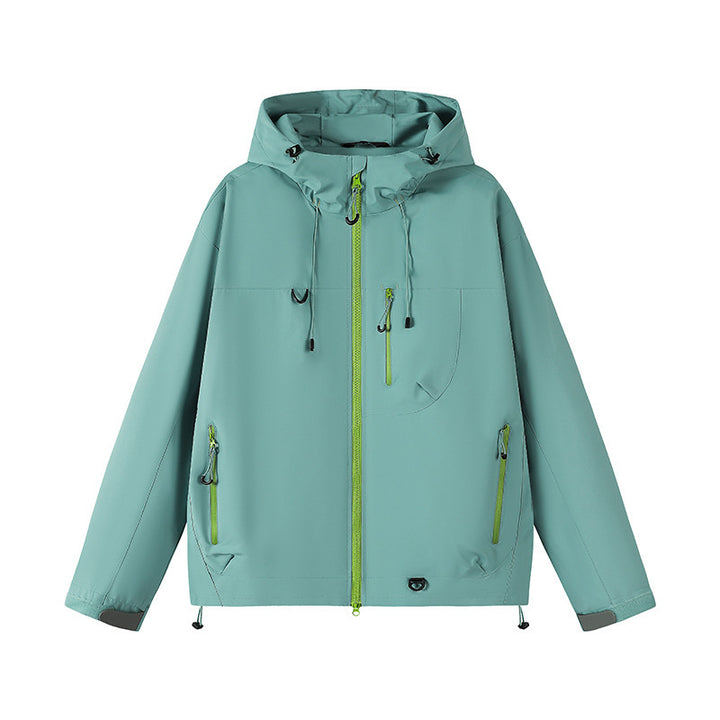 Outdoor technical jacket for men with adjustable hood design and numerous zipped pockets Lune London