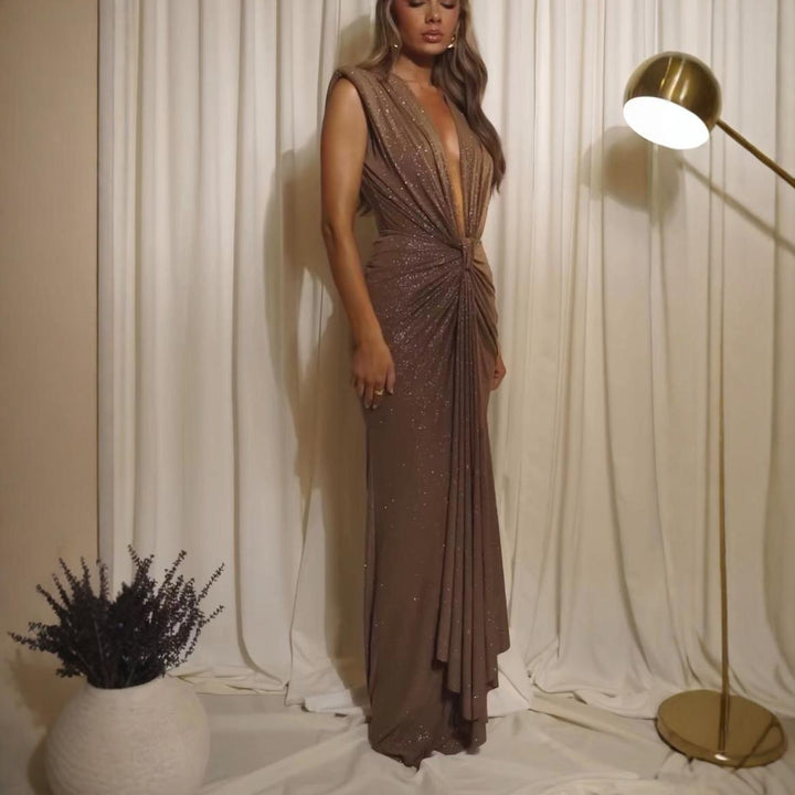 Ladies Glamorous Evening Dress with Deep V-Neck and Shimmering Drapes