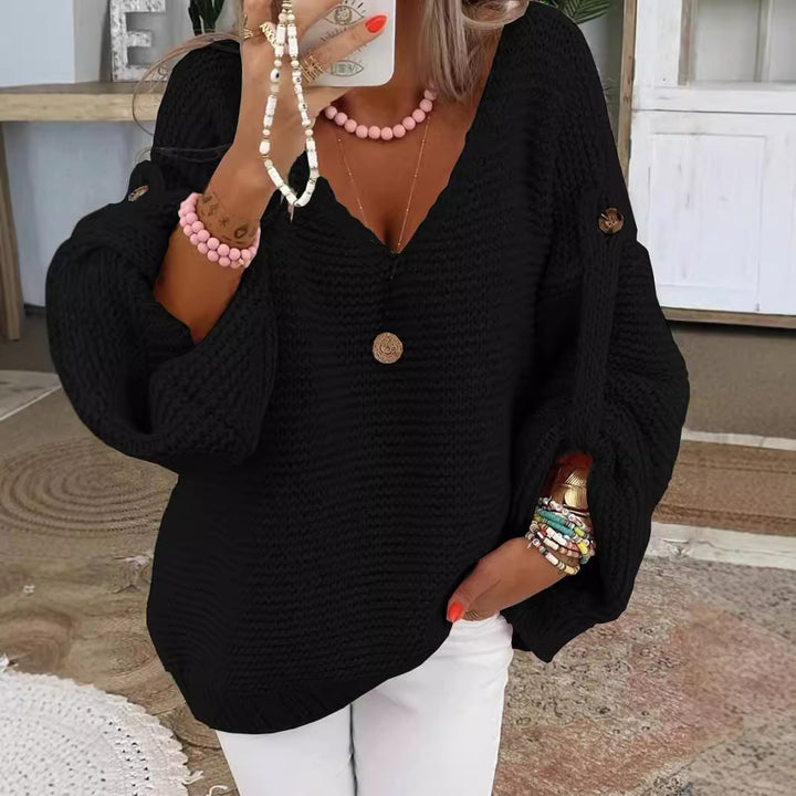 Ladies chunky knit sweater with V-neck Lune London