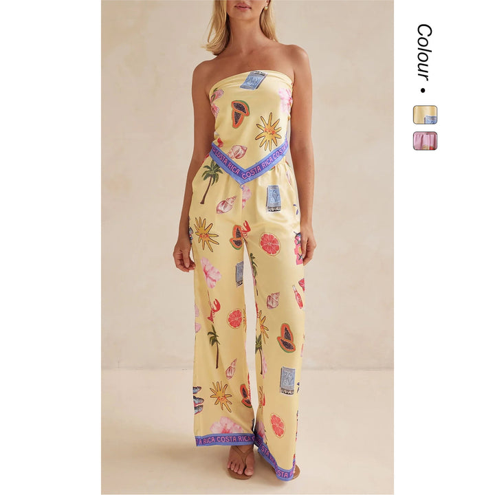 Women's jumpsuit with playful tropical patterns and elastic top Lune London